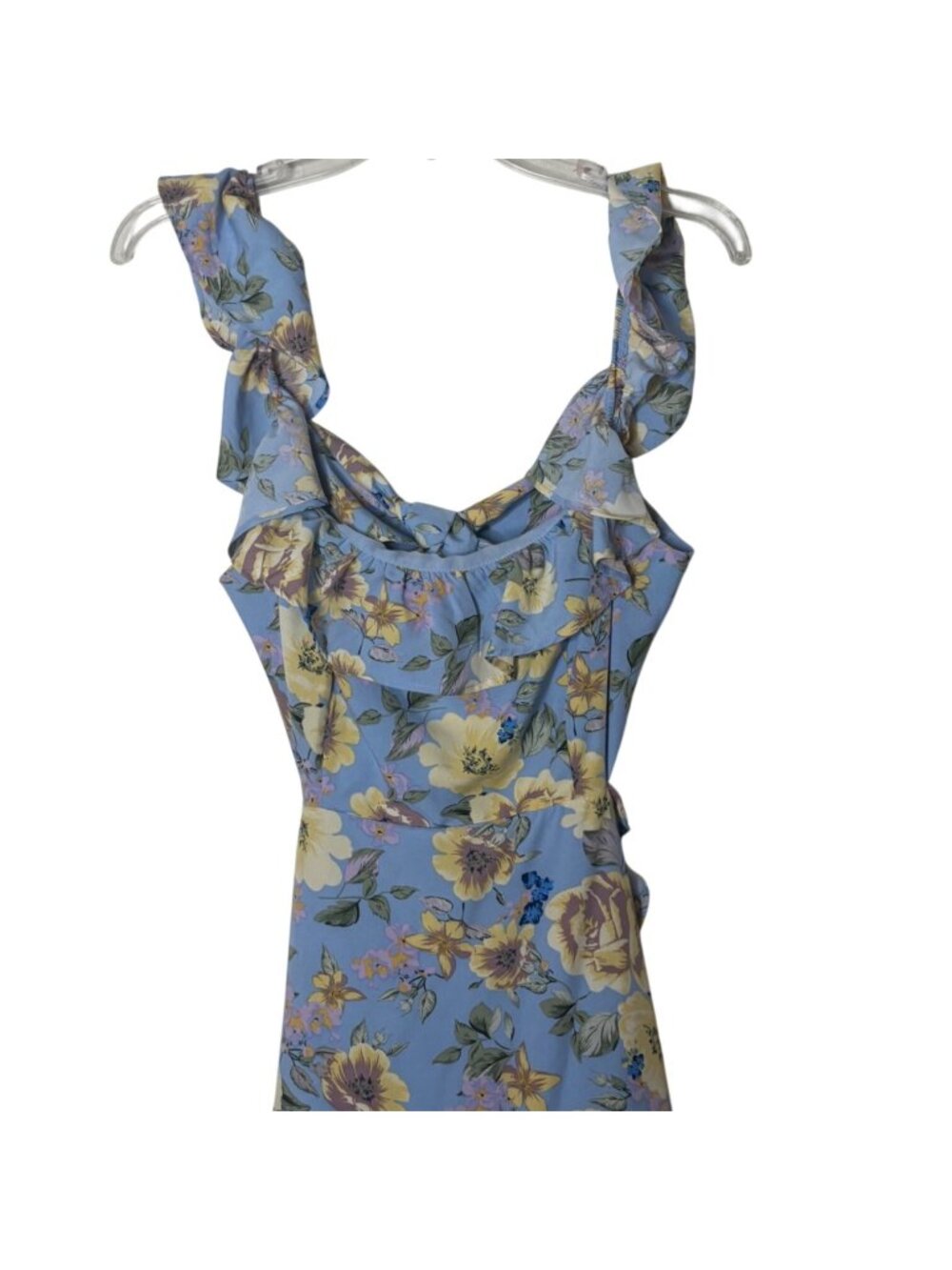ASTR The Label Dress S Blue Yellow Floral Ruffle Tiered Cutout Bow Cottagecore - Picture 6 of 10